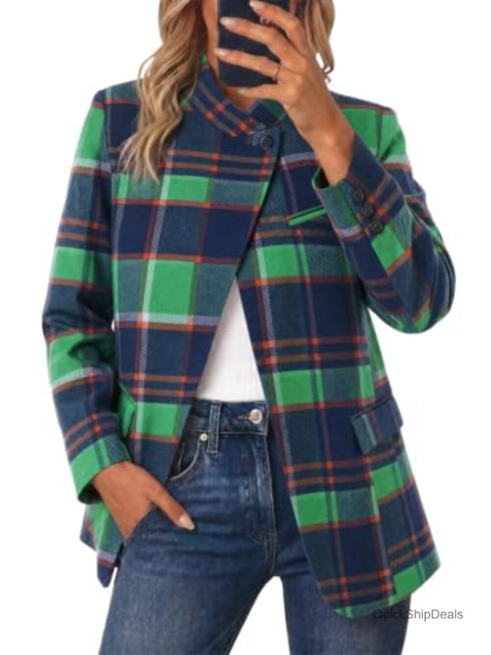 Women Plaid Blazer Business Casual Stand Collar Open Front Suit Jacket Lined